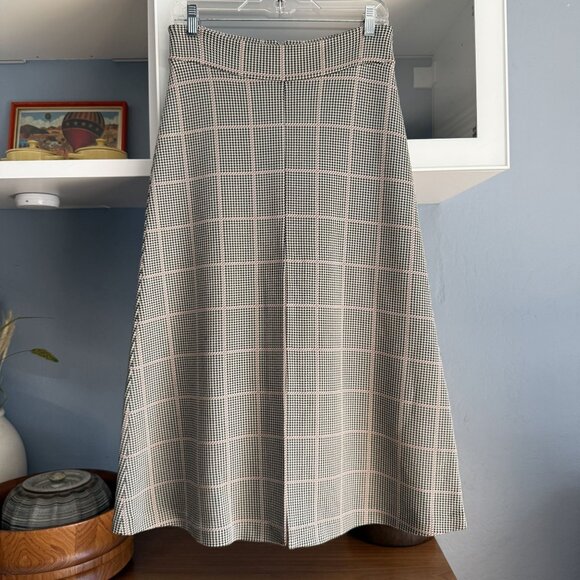 Paola Bernardi Houndstooth Plaid Knit Midi A-Line Skirt Front Slit - Picture 1 of 5